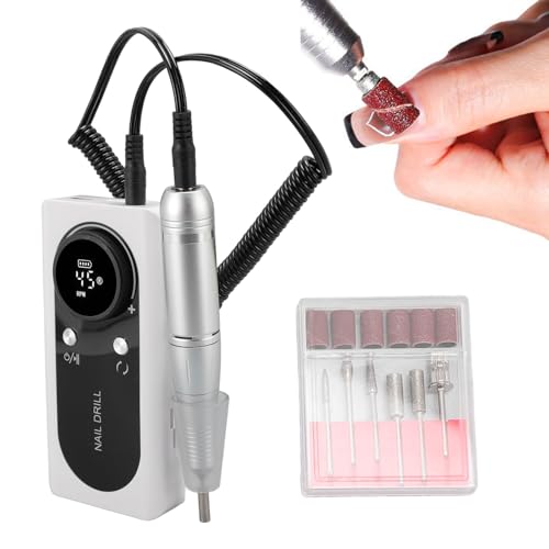 Yunir Electric Nail Drill Machine Portable, Rechargeable 45000rpm Speed Manicure Pedicure Kit, Nail Grinding Tool with Multiple Grinding Heads, for Nail Grind Trim Polish