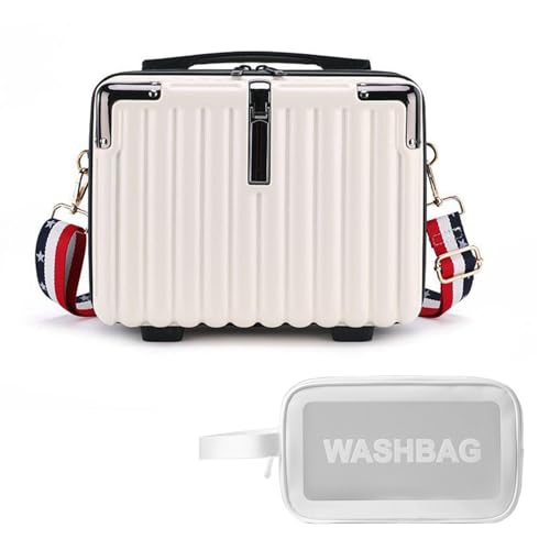 15 Inch Portable Hard Shell Makeup Case, Mini Cosmetic Travel Luggage Case with Shoulder Strap, Small Travel Suitcase Train Case with Toiletry Bag, ABS Material, White