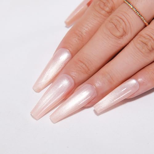 KKUUOO White Cat Eye Press on Nails Long Coffin Fake Nails Handmade False Nails with Glitter Design Full Cover Glossy Acrylic Nails Stick on Nails Jelly Press on Nails for Women Fall Winter Manicure