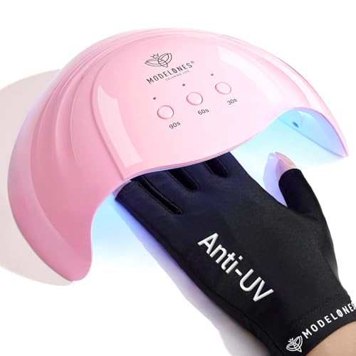 Modelones UV Light for Gel Nails with 2 Pairs of UV Gloves, 48 W Nail Dryer with 3 Timer Settings, Nail Lamps for Gel Polish, Professional UPF99+ UV Protection Gloves for Nail Art Manicure