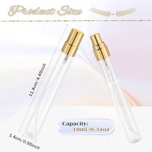 30 Pcs 10ml/0.34oz Mini Spray Bottle Glass Fine Mist Perfume Atomizer Empty Sample Containers with Golden Lids for Travel Cleaning Essential Oils (Pack of 2)
