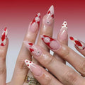 Polka Dot Almond Press-On Nails with Cherry Bow Design - 24 Pcs