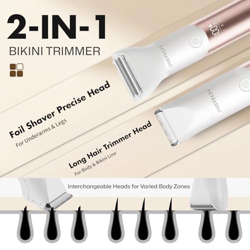 PRITECH Bikini Trimmer for Women, 2-in-1 Rechargeable Electric Razors for Women, Waterproof Bikini Shaver for Pubic Hair, Legs, Arms, Underarms, Electric Trimmer with Ceramic Blades, Travel Lock