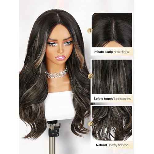 Quantum Love Long Curly Wig for Women Long Wavy Middle Part Black Mix Brown Wigs 28Inch Natural Looking Synthetic Fashion Brown Color Hair for Cosplay Halloween Daily Party Use