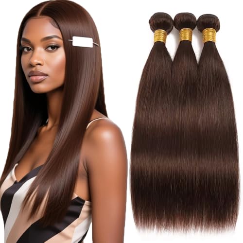 Color #4 Chocolate Brown Straight Human Hair Bundle 3pc 18-22 inch