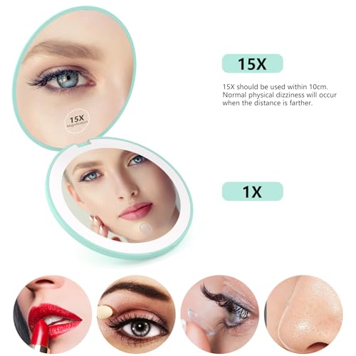 Rechargeable 15X Magnifying Pocket Mirror for Travel Makeup Compact 3.5 inch Round Folding Mirror with LED Light, Ideal Gift for Women and Rare Beauty(Cyan)