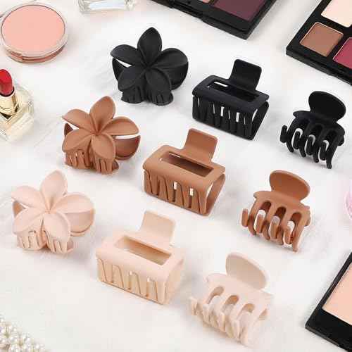 3 Styles Medium Hair Clips for Women 9 Pcs Small Claw Clips for Thin Hair Flower Hair Clips for Thick Hair Square Hair Claw Clips for Girls Hawaiian Plumeria Hair Accessories for Women (Brown)