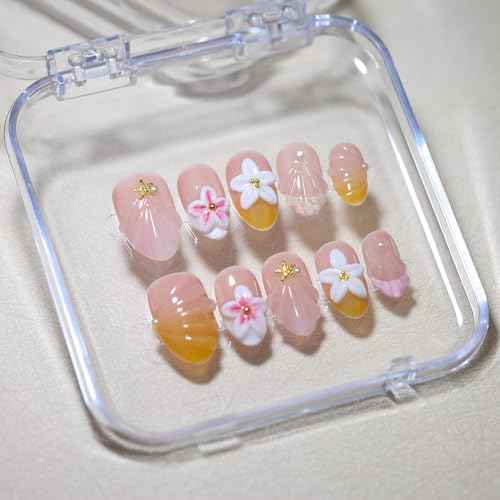 10 Pcs Handmade Reusable Press-On Nails 3D Floral Nail Art Decorations, Pink and White Flowers with Gold Accents Short Almond For Women & Girls, Daily & Party Use (pink2592, XS)