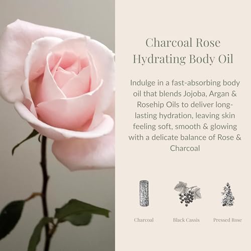 Archipelago Botanicals Charcoal Rose Hydrating Body Oil, Lightweight Jojoba, Argan & Rosehip Oils for Soft & Radiant Skin, Pressed Rose Aroma, 3.4 fl oz