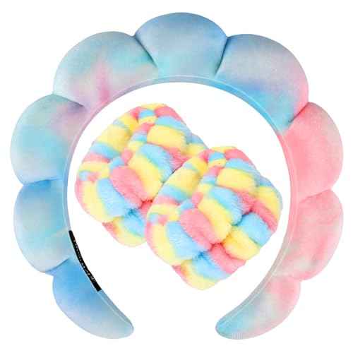 Zkptops Spa Headband for Washing Face Wristband Set Sponge Makeup Skincare Velvet Fabric Bubble Soft Get Ready Hairbands for Women Puffy Headwear Non Slip Thick Thin Hair Accessory (Pink Tie Dye)