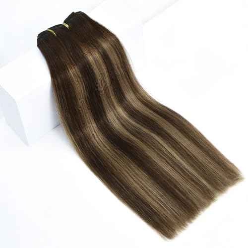 Rose bud Clip in Hair Extensions Real Human Hair 7Pcs 16Clips 18Inch 150g Natural Thick Hair Extensions Human Hair Medium Brown to Dark Blonde