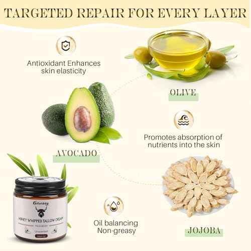 Beef Tallow for Skin, Tallow and Honey Cream, Whipped Organic Tallow Face Balm Moisturizer, Organic Grass-Fed Beef Tallow & Raw Wild Honey, 4 Oz Herb-Infused Unscented