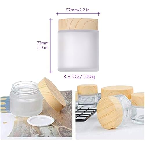 4 Packs 3.3 Oz Empty Glass Jars 100ml Round Frosted Glass Cosmetic Cream Jar Bottles with Wood Grain Lid Refillable Container Lotion Cream Box Jar Pot DIY Makeup Lip Balm Eyeshadow