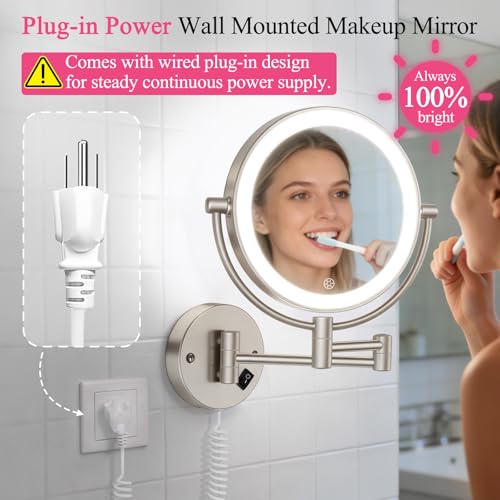 FASCINATE Brush Nickel Wall Mounted Makeup Mirror with Lights 30X/1X Double-Sided