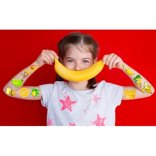 240PCS Banana Tattoos Temporary Stickers Cute banana Baby First Birthday Shower 2nd Birthday Banana fever powder Party Decorations Supplies Tattoos(24 Sheets)