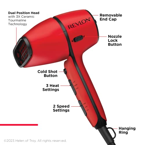 REVLON Airflow Control Hair Dryer with Diffuser - 1875W Blow Dryer Head Rotates 90¡Æ for Total Control, Wider Head for Less Drying Time, Reduces Frizz (Red)