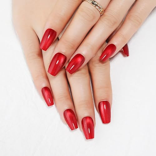 Stbisen C1 Ballet Heatwave Red Coffin Press On Nails with Gel Shine, 32Pcs Reusable Fake Nails Kit