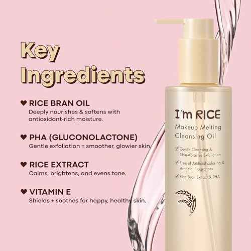 TONYMOLY I¡¯m Rice Makeup Melting Cleansing Oil ? 215ml | Gentle Cleanser for Sensitive Skin | Removes Makeup & Impurities | Rice Bran Oil + PHA | Non-Comedogenic, Fragrance-Free, Korean Skincare