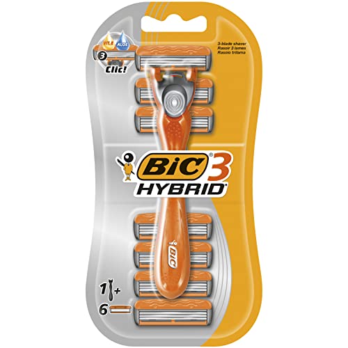 Bic 3 Hybrid Men's Triple-Blade Razors, Pack with 1 Handle + 6 Refills - Lubricating Strip with 3 Blades and Pivoting Head for a Smooth, Precise Shave
