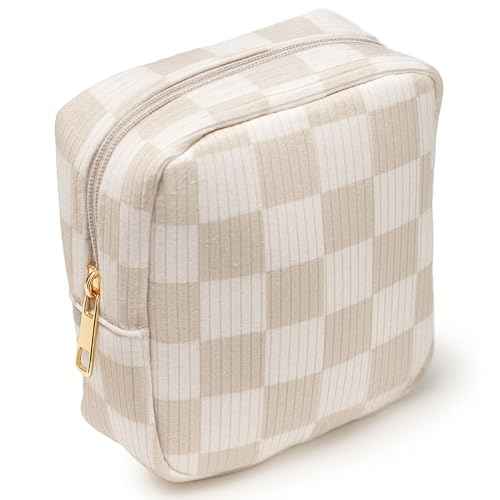 Mini Makeup Bag, Small Makeup Bag for Purse, Small Cosmetic Bag for Purse, Small Cosmetic Bag, Checkered Pouch, Cute Mini Pouch, Small Medecine Bag, Makeup Bag Small (Beige)
