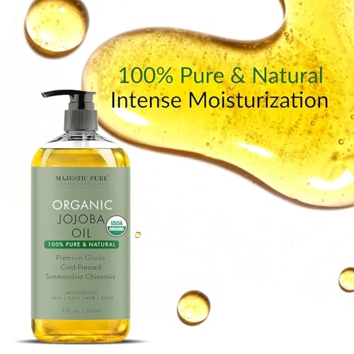 MAJESTIC PURE Organic Jojoba Oil - 100% Pure Cold Pressed Hexane Free for Skin, Hair, Nails - 8 Fl Oz