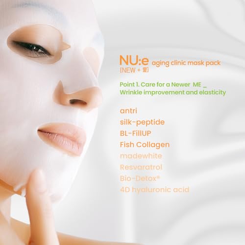 NU:e Aging Care Mask Pack - 8-in-1 Premium Ampoule Formula with 100% Pure Cotton Sheet for Radiant Elasticity & Glow, 30g x 5 Sheets (K-Beauty)