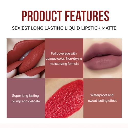 Matte Liquid Lipstick Set, 3Pcs Long Lasting Velvety Nude Red