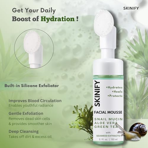 Glass-Skin Snail Mucin Facial Foam Cleanser w/Exfoliator ? Ultra Hydration with Aloe Vera, Green Tea & Seaweed ? All Skin Types Men & women ? Deeply Hydrates, Detoxifies & Protects (5.1 Oz)