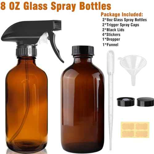8oz Amber Glass Spray Bottles - 2 Pack Empty Refillable Bottles for Cleaning, Hair Care, Essential Oils, Plants - Includes Durable Nozzle, Labels, Funnel & Dropper, Handheld Size