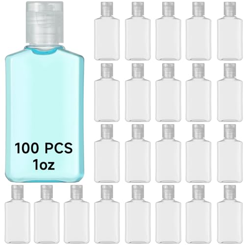 100 Pieces 1 oz Plastic Bottles Clear Travel Bottles with Flip Cap Portable Empty Hand Sanitizer Bottles, Refillable Containers for Travel Business Trip for Shower Gel, Face Creams, Body Lotions