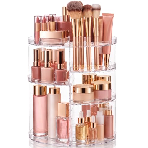 Masirs 360° Rotating Makeup Organizer - Adjustable Shelves, Clear