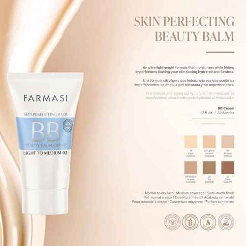 FARMASi Make Up BB Cream Beauty Balm, Full-Coverage Foundation, Concealer, Moisturizer BB Cream for All Skin Types, 1.7 fl. oz. / 50 ml (Light to medium)