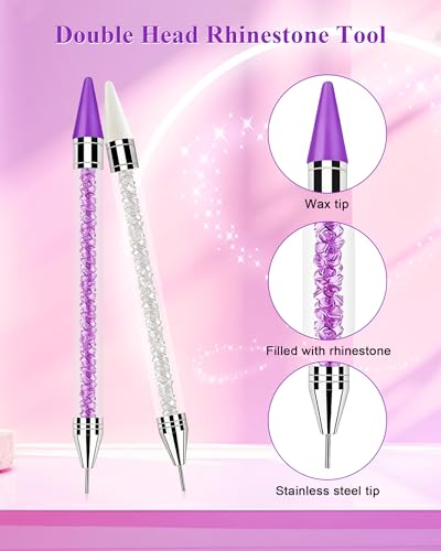 Difenni Rhinestone Picker Tool Set with Purple & White Double-Ended Wax Pencils, Tweezer & Storage Box