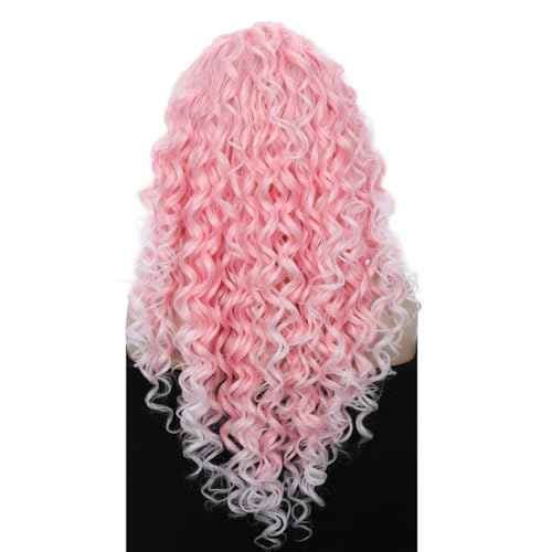 IMSTYLE Pink Curly Lace Front Wigs Women Cosplay Costume Daily Wear Bounce Fluffy Wig Hair Heat Resistant 26 Inch(Pink)