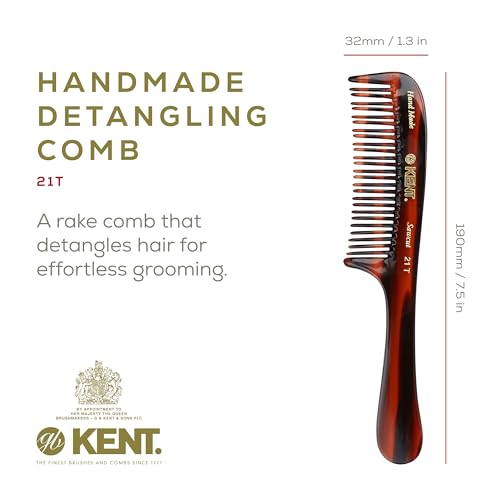 Kent 21T Tortoiseshell Large Detangling Comb, Wide Teeth for Thick Curly Wavy Hair. Long Hair Detangler Comb For Wet and Dry. Handmade of Quality Cellulose, Saw-Cut Hand Polished, Made in England