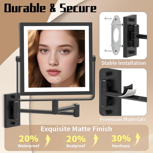 Wall Mounted Makeup Mirror with Lights 4000mAh Rechargeable Double Sided 1X/10X Magnifying Lighted Vanity Mirror with 3 Color Lights & Touch Dimmable 360¡Æ Rotation Extension Swing Arm for Bathroom