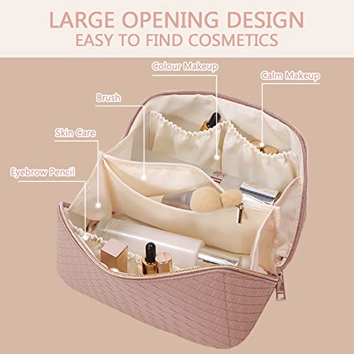 Travel Cosmetic Bag with Compartments - Large Capacity, Lay Flat, Pink Checkered Pattern PU Leather Portable Makeup Bag for Women & Girls