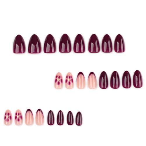 Burgundy Floral Press On Nails with French Tips - 24PCS