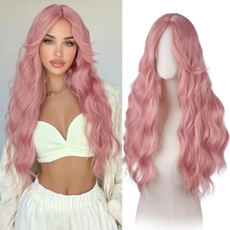 Haloo 26-Inch Pink Wavy Wig with Curtain Bangs for Women
