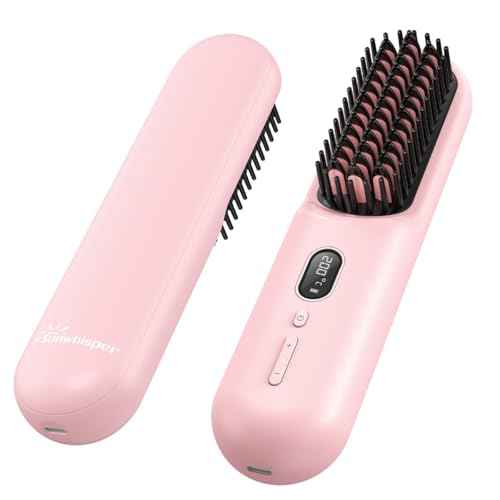 Sunwhisper Cordless Hair Straightener Brush with 200 Million Anion, Portable Cordless Straightener Comb for Travel with LCD Display (2 Clips,Pink)