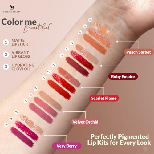 Phoenix Beauty Lip Trio – Matte Lipstick, Gloss & Oil Set