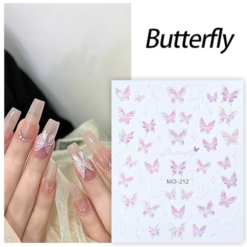 Butterfly Nail Art Stickers 3D Self-Adhesive Aurora Butterfly Nail Decals Blue Purple Pink Shining Glitter Butterfly Nail Art Design Supplies Manicure Sticker for Women Nails DIY Decorations 5 Sheets