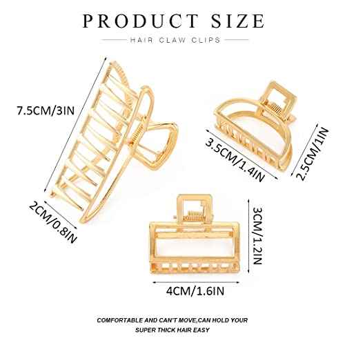 Brinie Metal Claw Hair Clips Set - Gold Medium Catch Nonslip Barrette Hair Accessories for Women and Girls (Pack of 3)