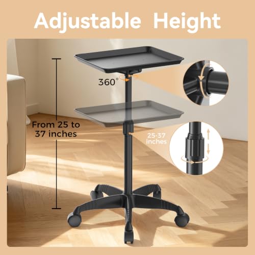 Adjustable Rolling Salon Tray 25"-37" - Wheeled Aluminum Cart