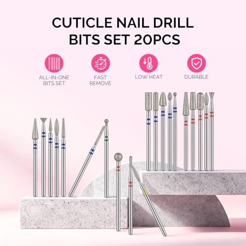 MelodySusie 20Pc Nail Drill Bits Set 3/32" Diamond Cuticle