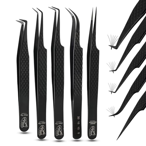 My Lash Tools 5Pcs Lash Tweezers Set for Eyelash Extension Precision Fiber Tip Lash Tweezers for Eyelash Extensions Curved, Mega Volume Boot & isolation tweezers for women Stainless Steel Tweezers