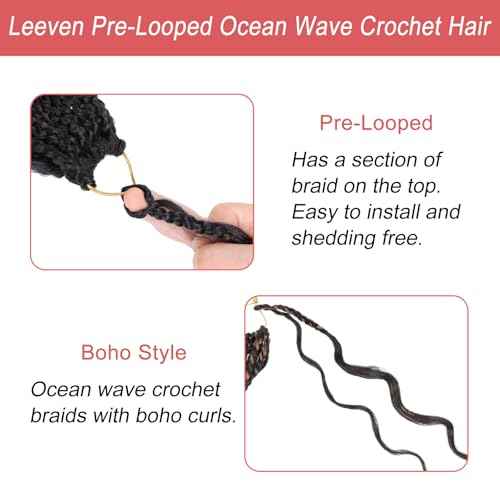 Leeven 18 Inch Pre Looped Ocean Wave Crochet Hair 8 Packs Black Long Curly Crochet Hair Boho Ocean Braids Pre Twisted Synthetic Deep Wavy Crochet Braids for Women
