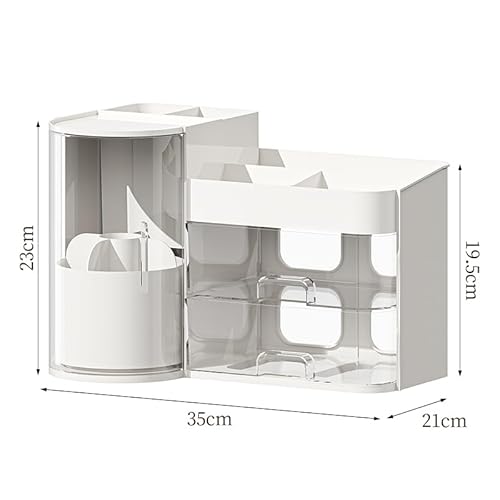 Makeup Organizer 14" D x 8.3" W x 9" H Cosmetic Organizer with Drawers Countertop Skincare Organizer for Vanity Cosmetic Display Case Storage Rotating Brush Holder (White)
