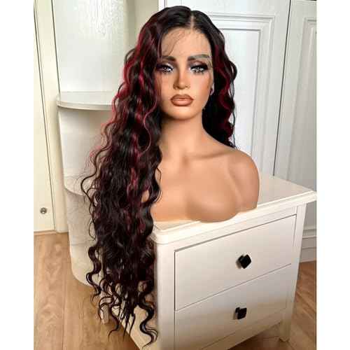 X-TRESS Red Highlight wig Synthetic Lace Front Wigs 30 Inch Loose Deep Wave Lace Frontal Wigs Pre Plucked Natural Black Deep Wave Wigs with Burgundy Highlight for Black Women with Baby Hair