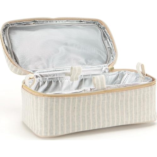 SoYoung Beauty Poche - Cosmetic Bag & Makeup Organizer for Travel, Three-Tiered, Linen/Cotton Exterior, Removable Tray, Machine Washable - Sand & Stone Beach Stripe